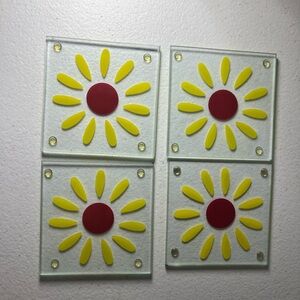 Set of 4 Yellow Flower Glass Coasters